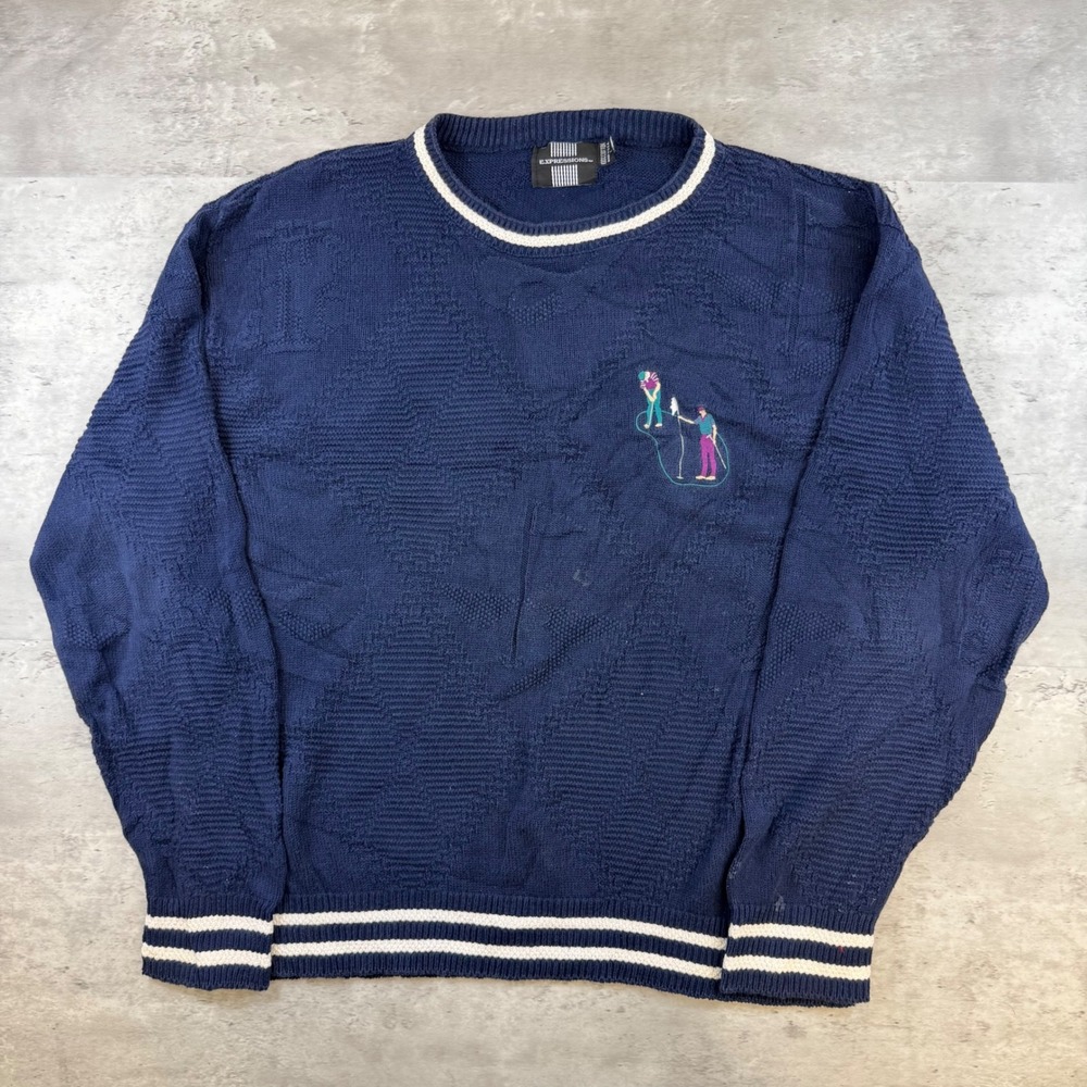 Vintage Expressions Mens Large Navy Blue Golf Embroidered Cotton Sweater